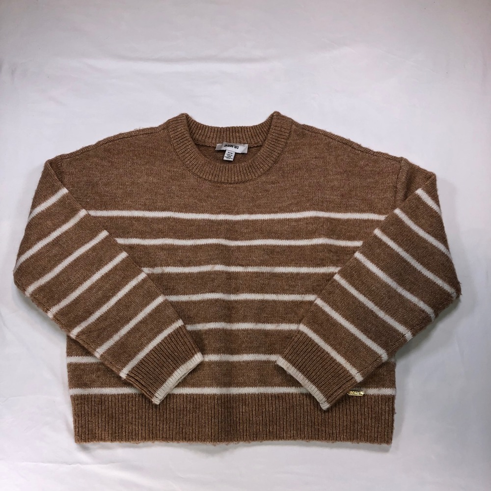 Jason Wu Womens Brown White Striped Crewneck Sweater Size M Wool Blend Knit